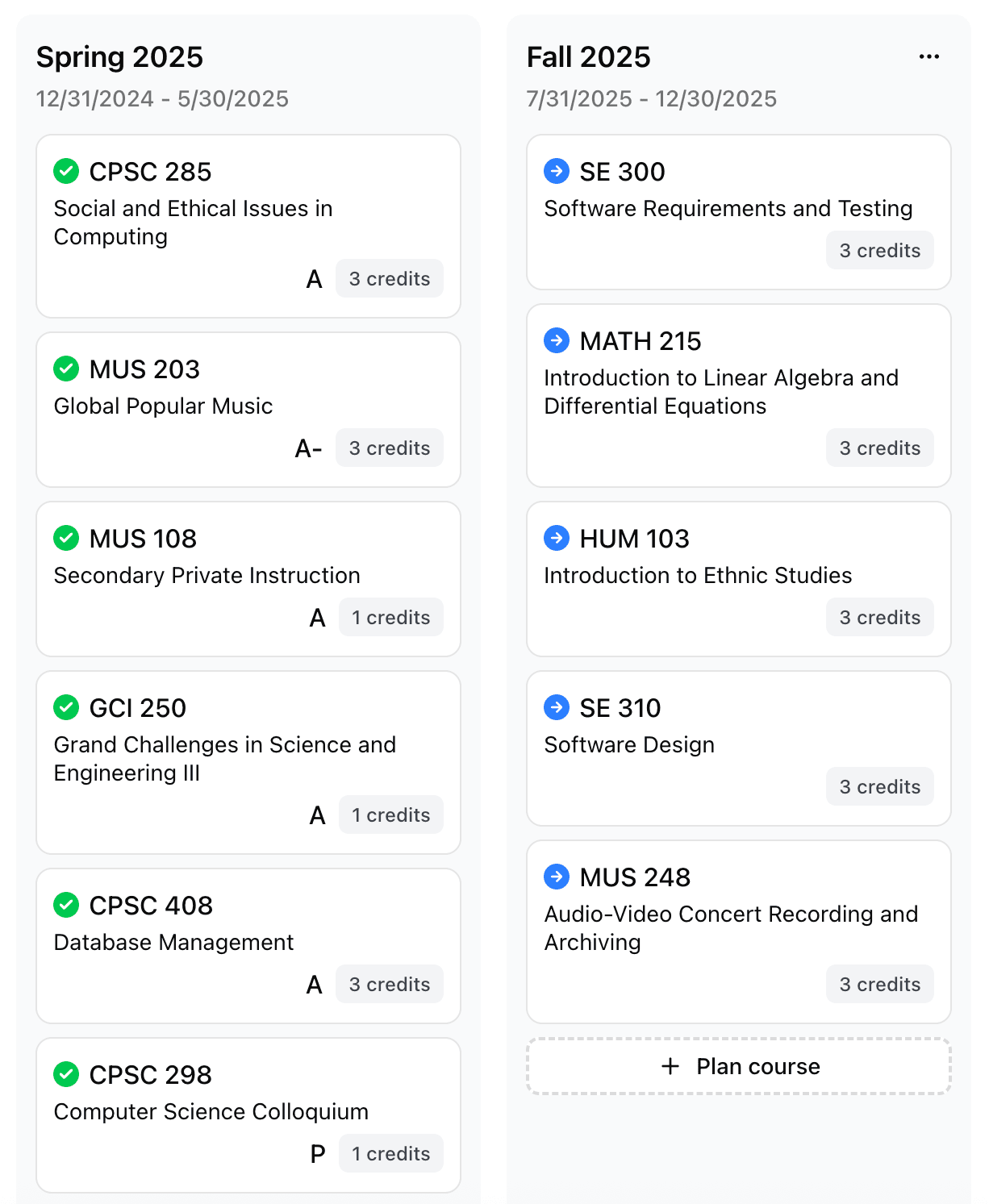 Smart planning feature showing course scheduling interface